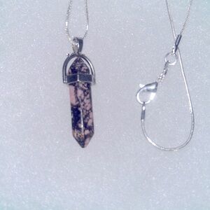 Boho natural pink and black Rhodonite Silver Neckl…